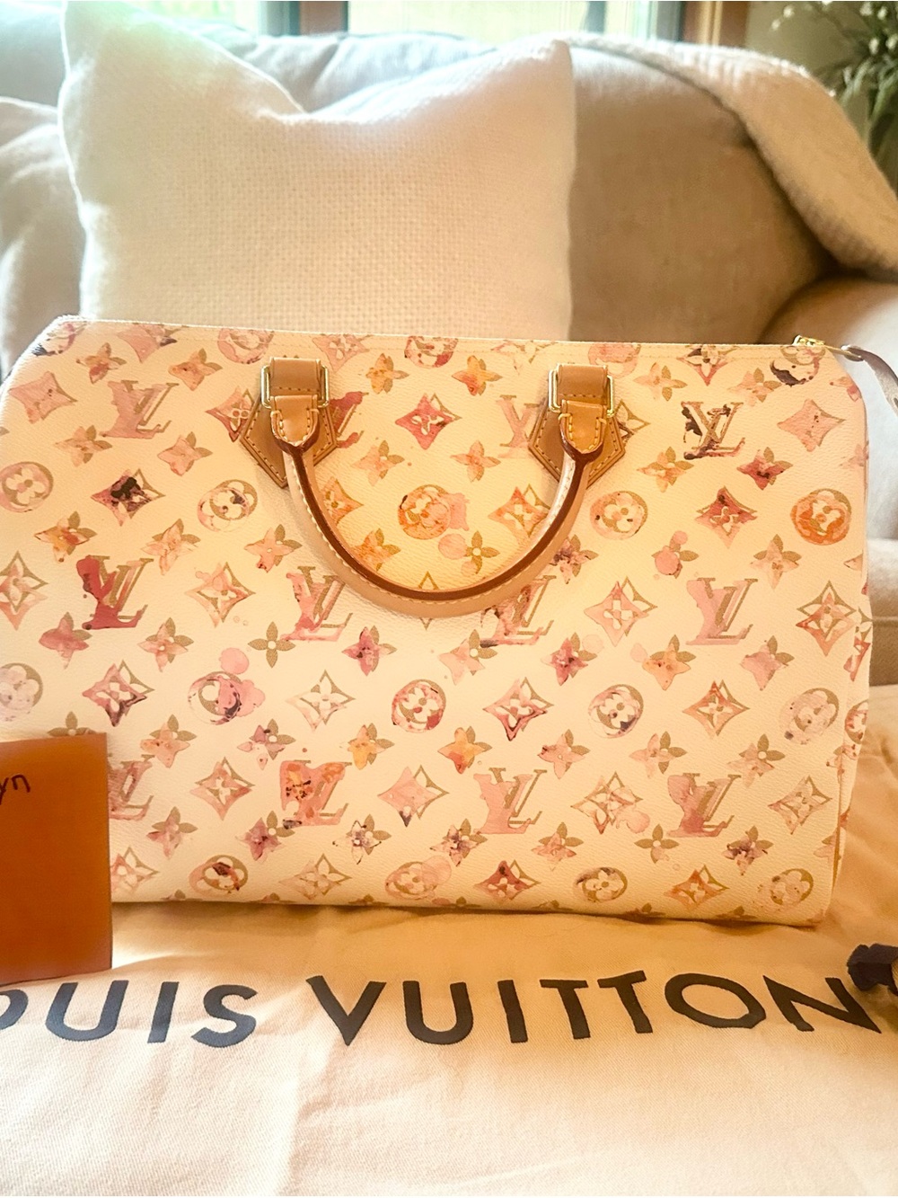 Louis Vuitton Cream and Pink Monogram Speedy Tote